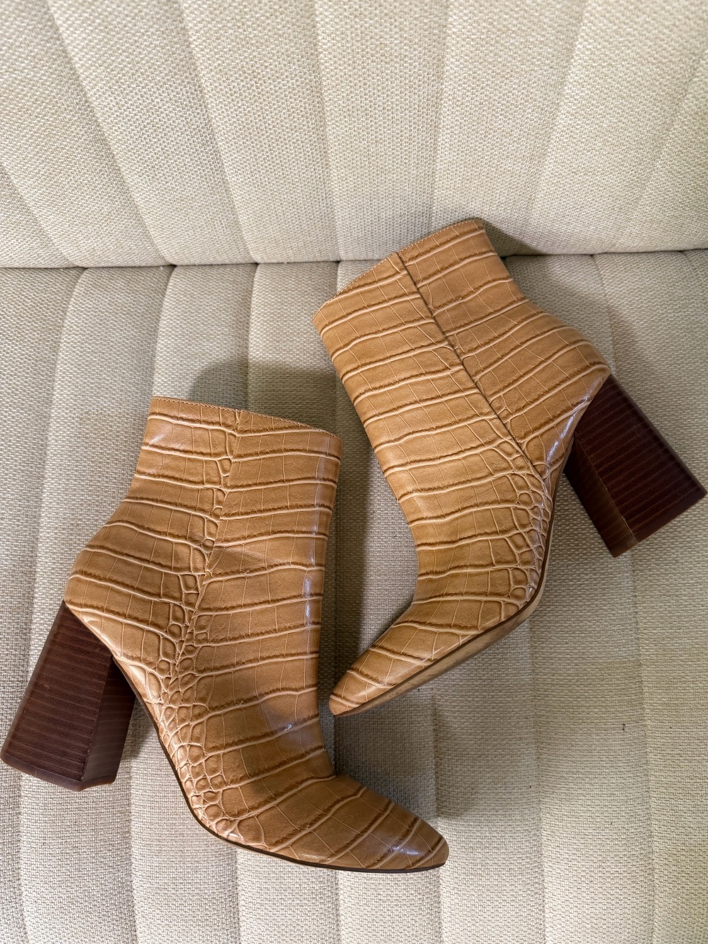 Nine West Tan Croc-Embossed Block Heel Boots